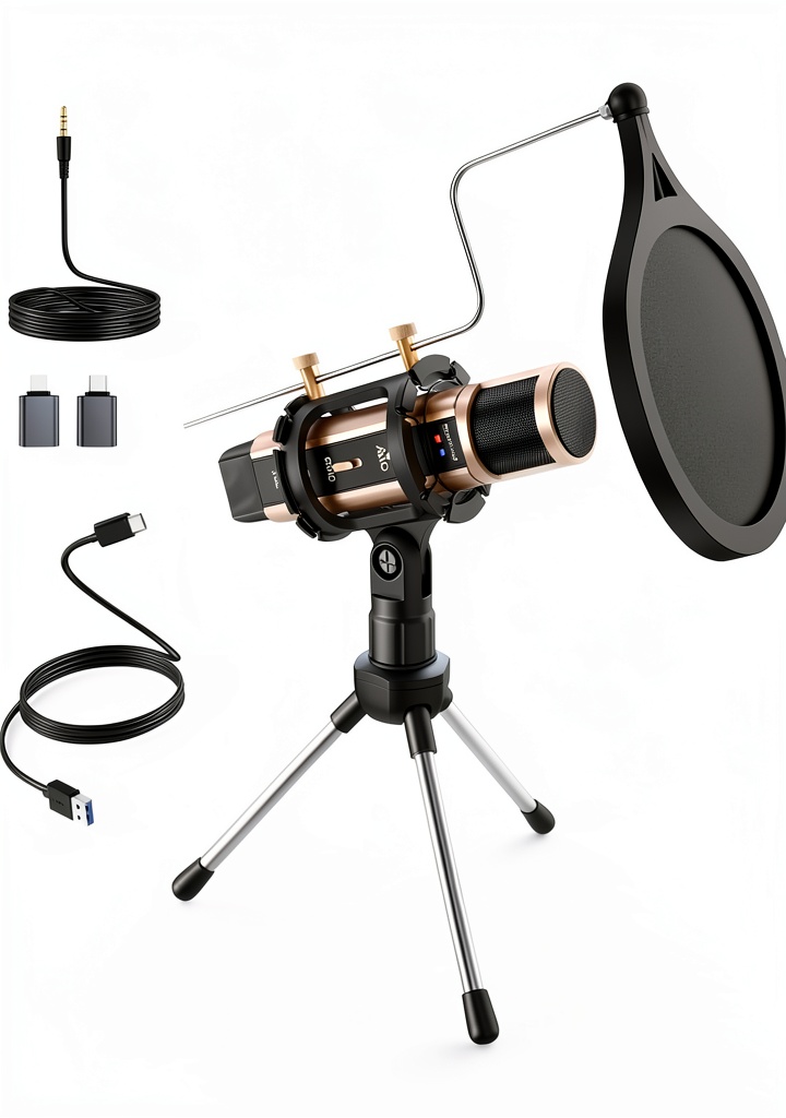 ZealSound Gold Mic on a desk with laptop and headphones