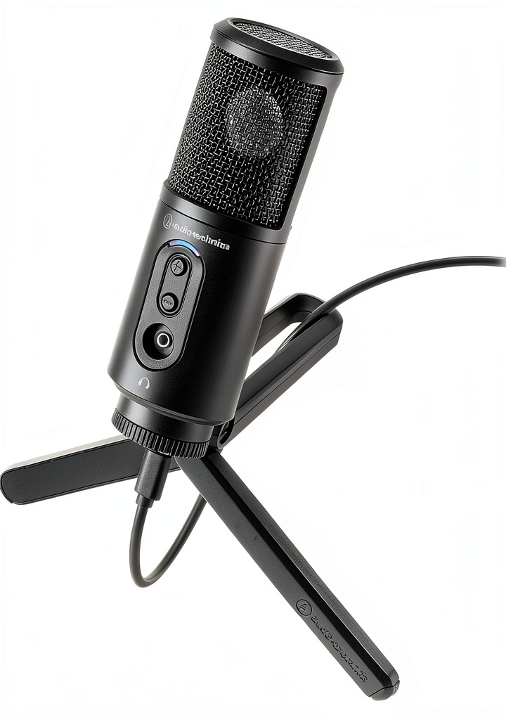 Audio-Technica microphone connected to a laptop in a home studio