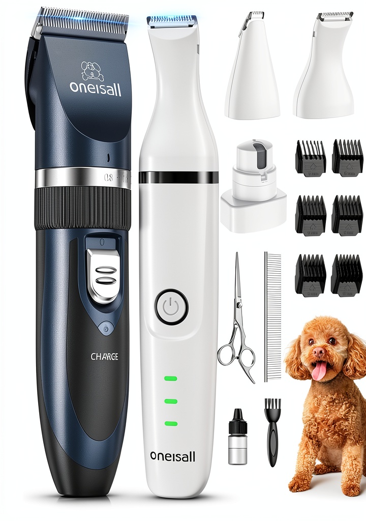 Oneisall Dog Grooming Clippers Kit with attachments on a table